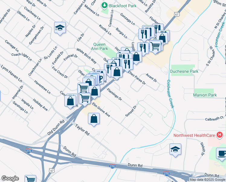 map of restaurants, bars, coffee shops, grocery stores, and more near 7 Flamingo Drive in Hazelwood