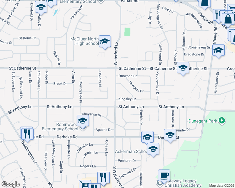 map of restaurants, bars, coffee shops, grocery stores, and more near 380 Waterford Drive in Florissant