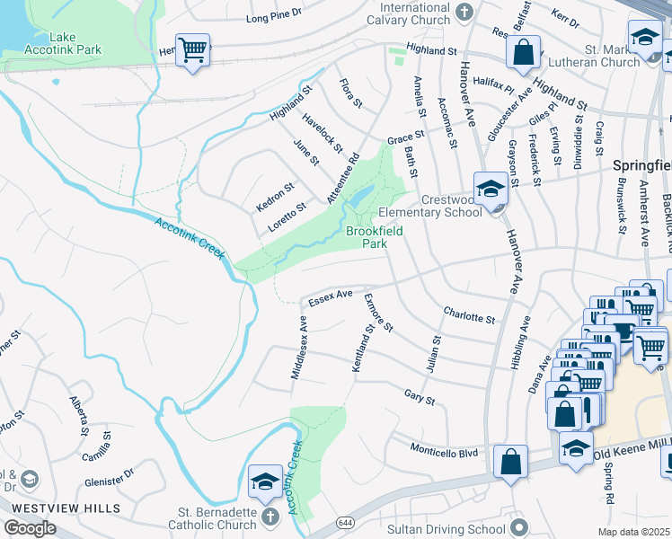 map of restaurants, bars, coffee shops, grocery stores, and more near 7501 Nancemond Street in Springfield
