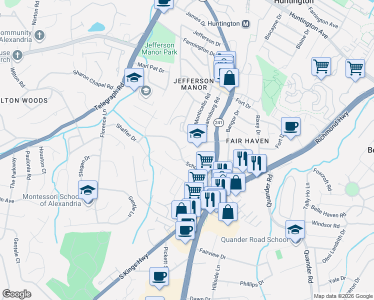 map of restaurants, bars, coffee shops, grocery stores, and more near 6105 Pine Grove Circle in Alexandria