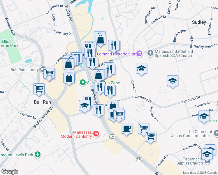 map of restaurants, bars, coffee shops, grocery stores, and more near 7892 Brighton Way in Manassas