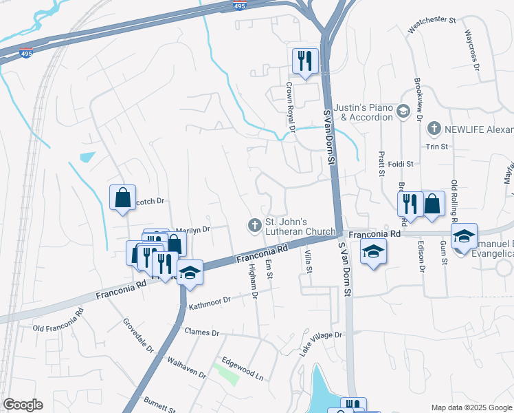 map of restaurants, bars, coffee shops, grocery stores, and more near 6032 Buttercup Court in Alexandria