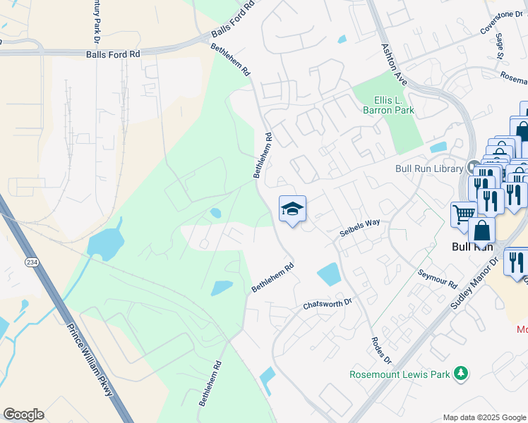 map of restaurants, bars, coffee shops, grocery stores, and more near 7904 Bethlehem Road in Manassas