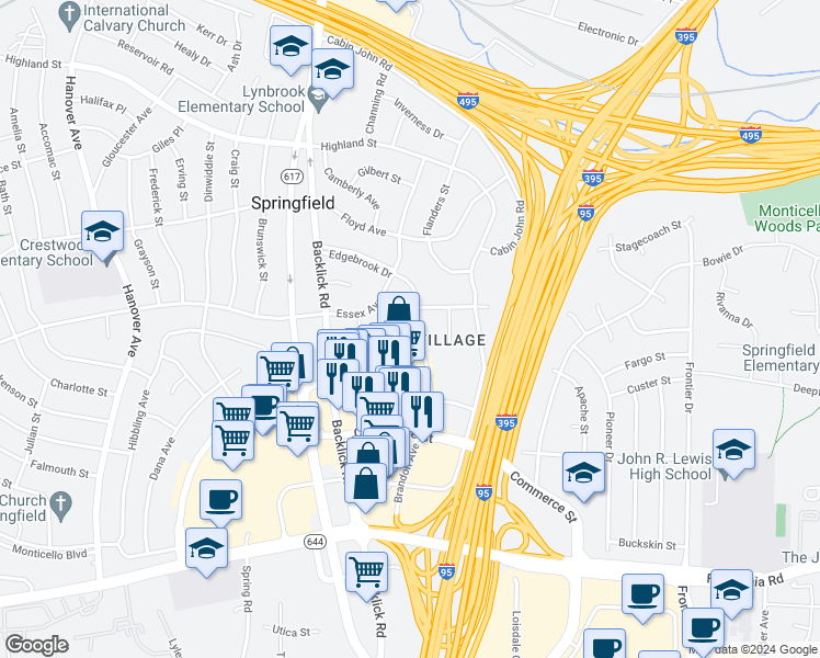 map of restaurants, bars, coffee shops, grocery stores, and more near 6106 Brandon Avenue in Springfield