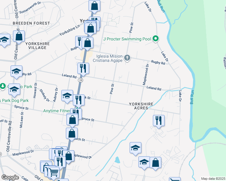 map of restaurants, bars, coffee shops, grocery stores, and more near 7805 Pine Street in Manassas