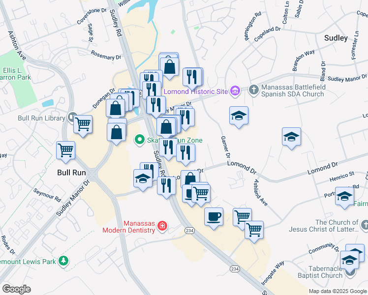 map of restaurants, bars, coffee shops, grocery stores, and more near 7892 Brighton Way in Manassas