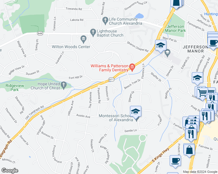 map of restaurants, bars, coffee shops, grocery stores, and more near 3511 Pike Road in Alexandria