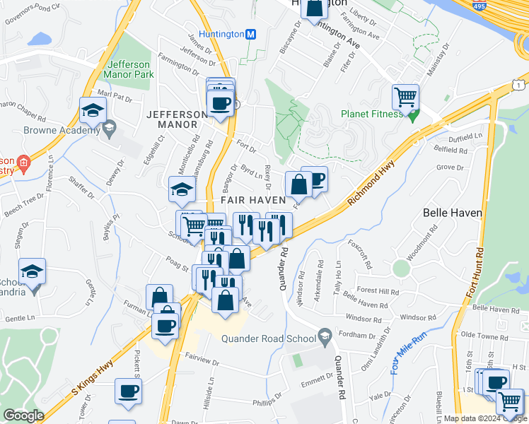 map of restaurants, bars, coffee shops, grocery stores, and more near 6026 Rixey Drive in Alexandria