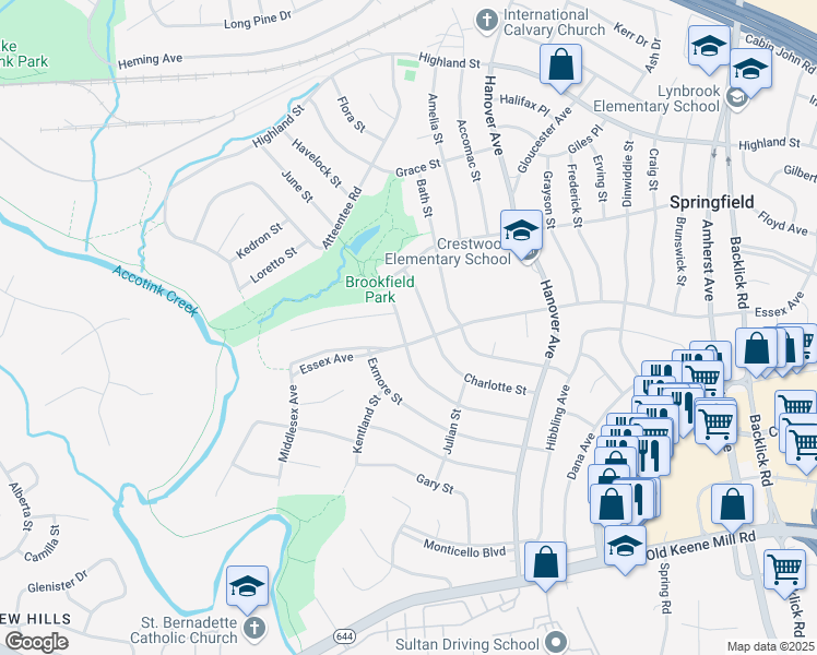 map of restaurants, bars, coffee shops, grocery stores, and more near 7422 North Dickenson Street in Springfield