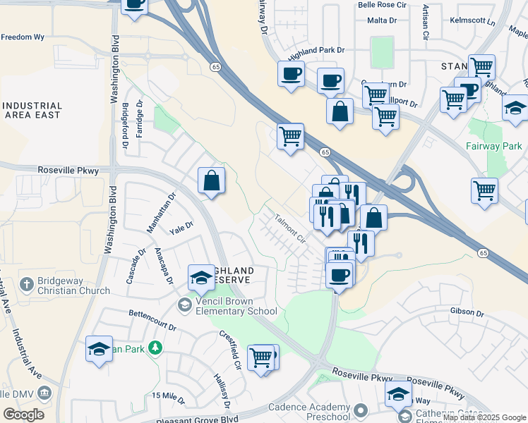 map of restaurants, bars, coffee shops, grocery stores, and more near 163 Talmont Circle in Roseville