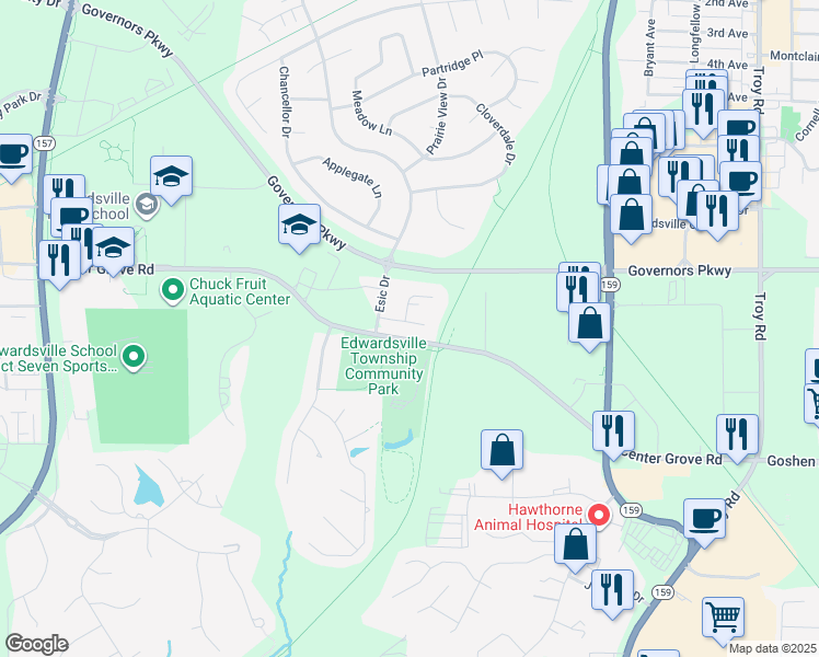 map of restaurants, bars, coffee shops, grocery stores, and more near 118 Homestead Court in Edwardsville