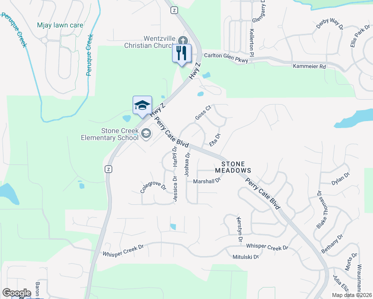 map of restaurants, bars, coffee shops, grocery stores, and more near 5001 Joshua Drive in Wentzville