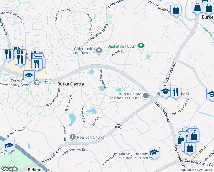 map of restaurants, bars, coffee shops, grocery stores, and more near 6017 Wilmington Drive in Burke