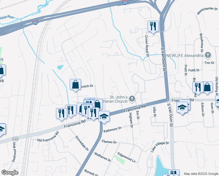 map of restaurants, bars, coffee shops, grocery stores, and more near 6025 Green Meadow Court in Alexandria
