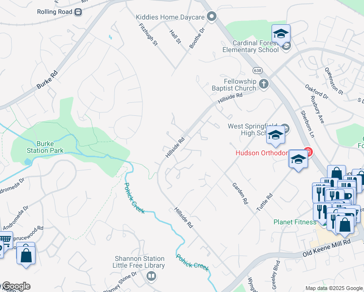 map of restaurants, bars, coffee shops, grocery stores, and more near 8816 Ridge Hollow Court in West Springfield