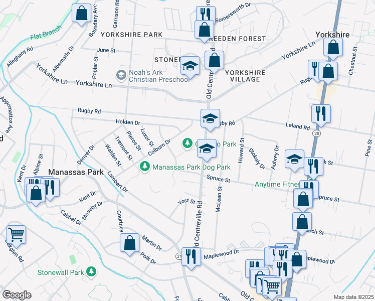 map of restaurants, bars, coffee shops, grocery stores, and more near Park Place in Manassas Park
