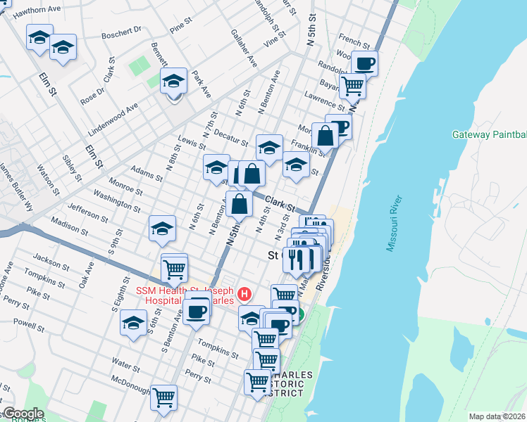 map of restaurants, bars, coffee shops, grocery stores, and more near 412 North 4th Street in Saint Charles