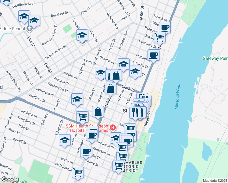 map of restaurants, bars, coffee shops, grocery stores, and more near 400 North 5th Street in Saint Charles