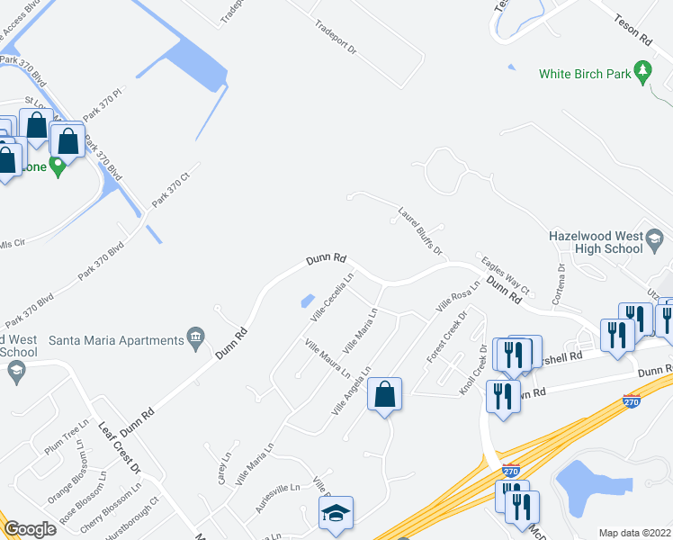 map of restaurants, bars, coffee shops, grocery stores, and more near 3942 Dunn Road in Hazelwood