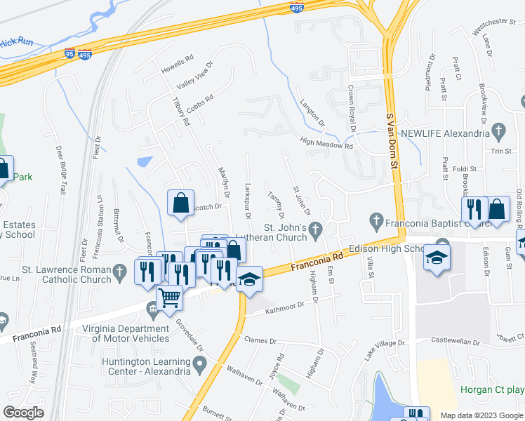 map of restaurants, bars, coffee shops, grocery stores, and more near 6025 Green Meadow Court in Alexandria