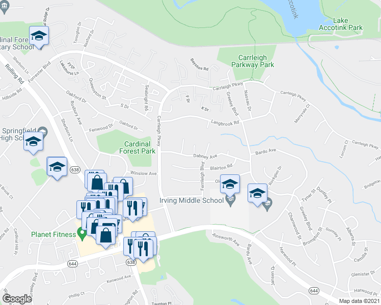 map of restaurants, bars, coffee shops, grocery stores, and more near 8206 Dabney Avenue in West Springfield