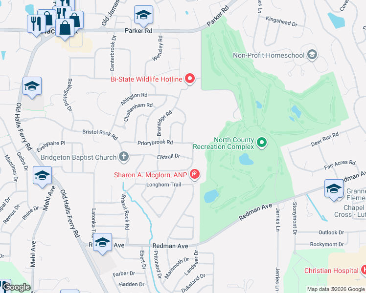 map of restaurants, bars, coffee shops, grocery stores, and more near 5412 Priorybrook Road in Florissant