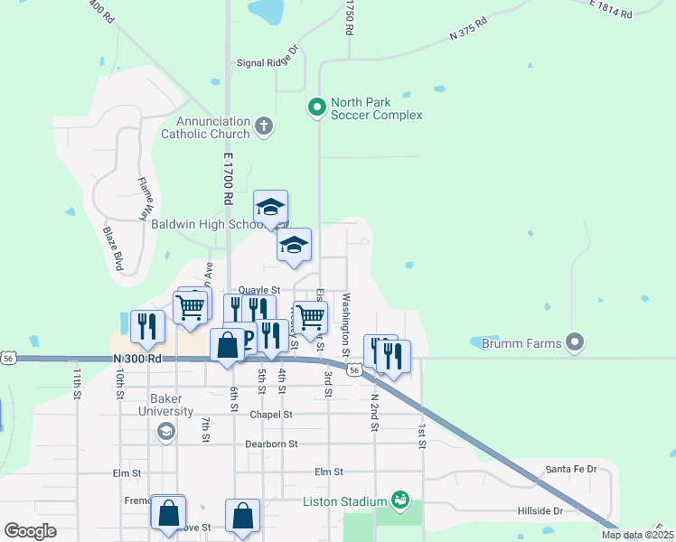 map of restaurants, bars, coffee shops, grocery stores, and more near 313 Washington St in Baldwin City