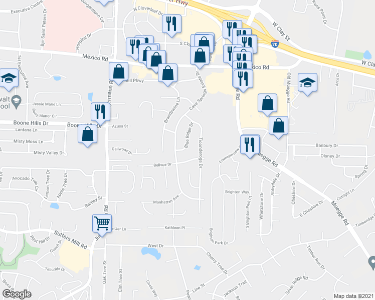 map of restaurants, bars, coffee shops, grocery stores, and more near 1342 Blue Ridge Drive in St. Peters