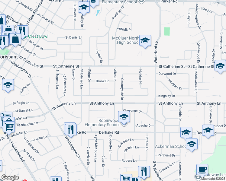map of restaurants, bars, coffee shops, grocery stores, and more near 365 Allen Drive in Florissant
