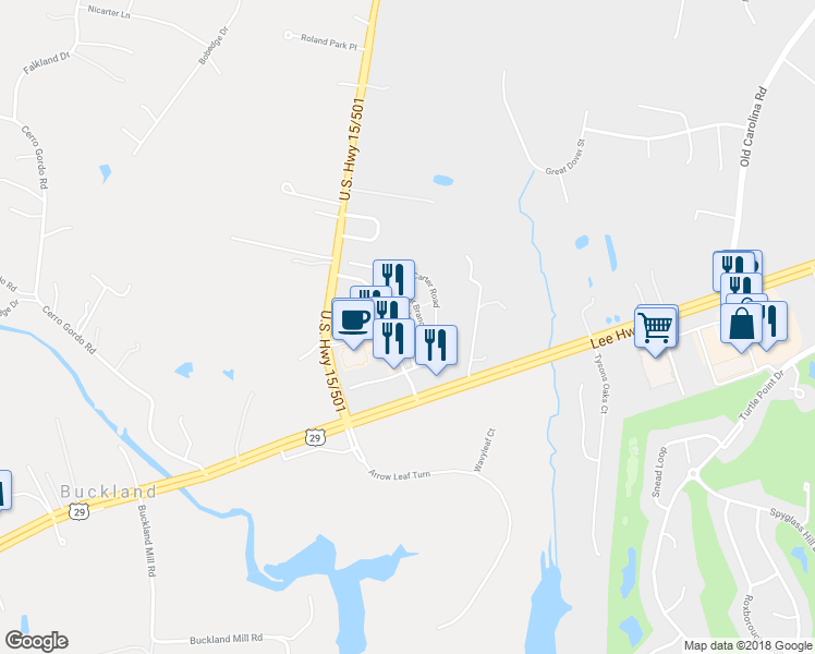 map of restaurants, bars, coffee shops, grocery stores, and more near 7985 Crescent Park Drive in Gainesville