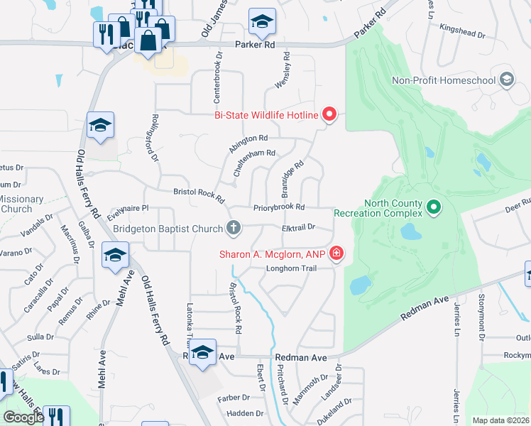map of restaurants, bars, coffee shops, grocery stores, and more near 5242 Priorybrook Road in Florissant
