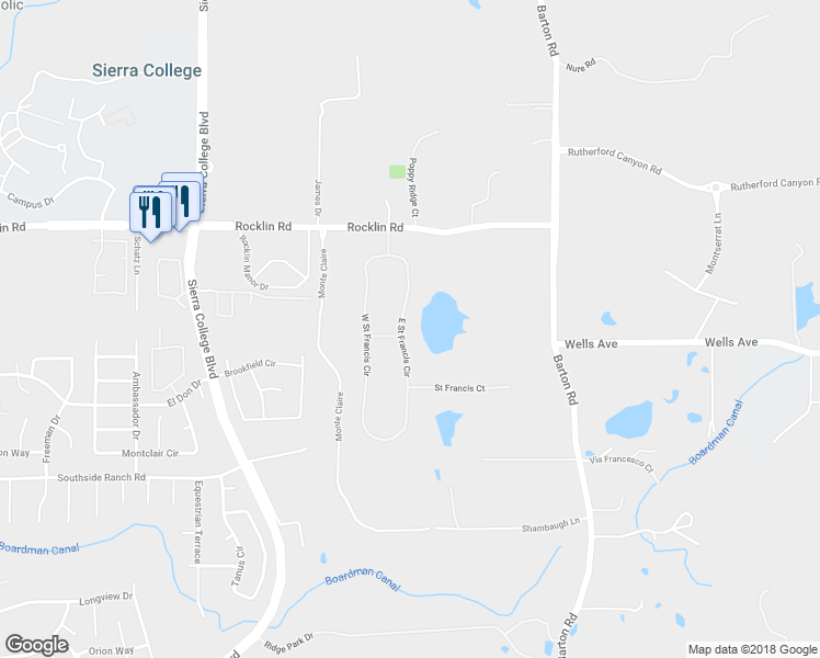 map of restaurants, bars, coffee shops, grocery stores, and more near 5565 East Saint Francis Circle in Loomis