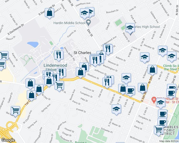 map of restaurants, bars, coffee shops, grocery stores, and more near 120 South Kingshighway Street in Saint Charles