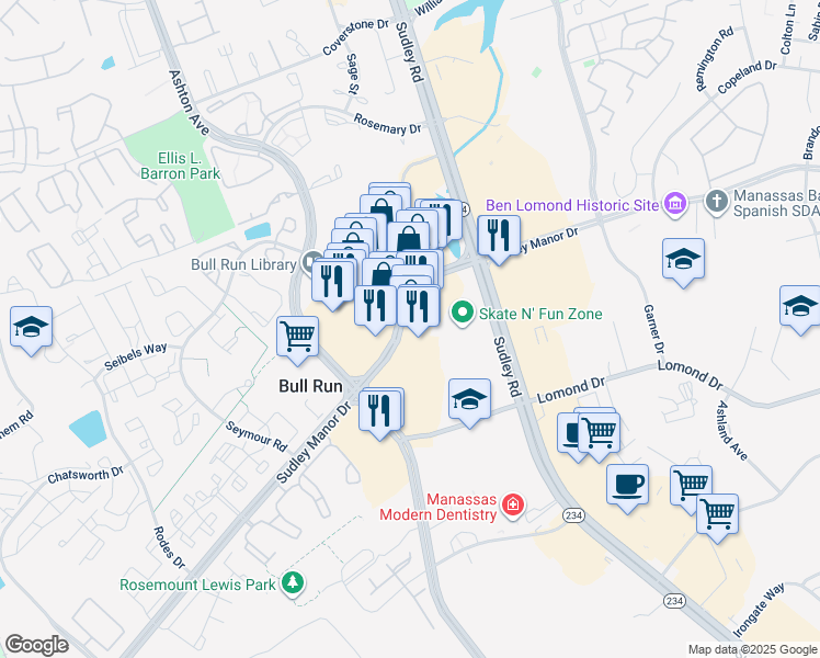map of restaurants, bars, coffee shops, grocery stores, and more near 102 Sudley Manor Drive in Manassas