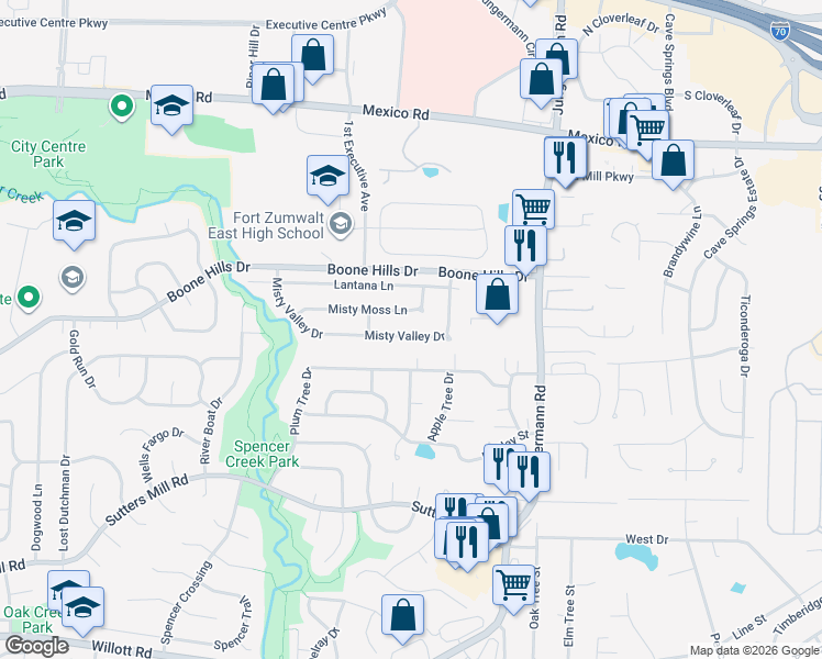 map of restaurants, bars, coffee shops, grocery stores, and more near 353 Misty Valley Drive in Saint Peters