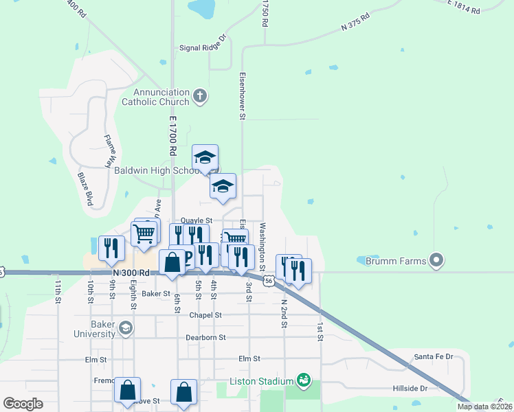 map of restaurants, bars, coffee shops, grocery stores, and more near 313 Washington Street in Baldwin City