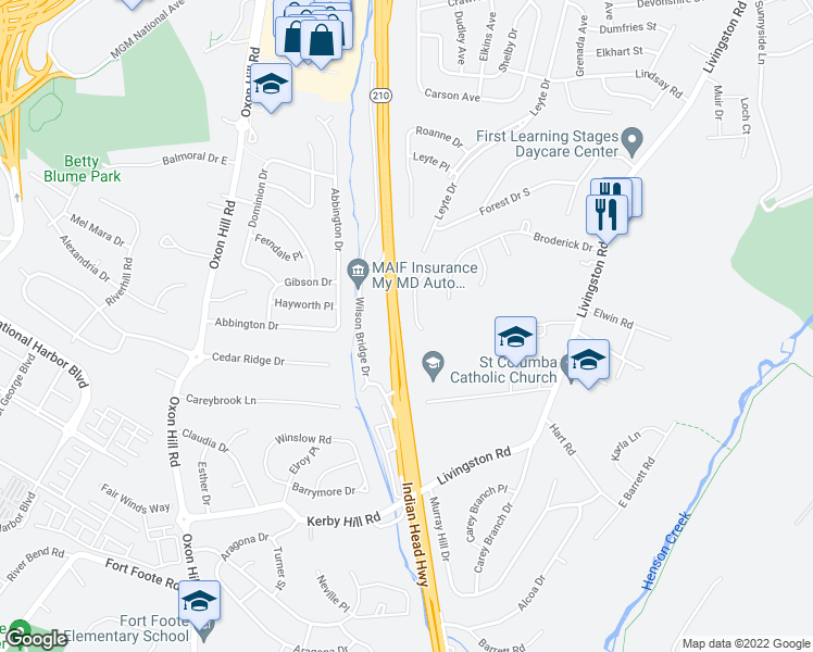 map of restaurants, bars, coffee shops, grocery stores, and more near 7525 Catone Court in Oxon Hill