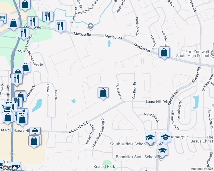 map of restaurants, bars, coffee shops, grocery stores, and more near 33 Oak Bend Drive in St. Peters