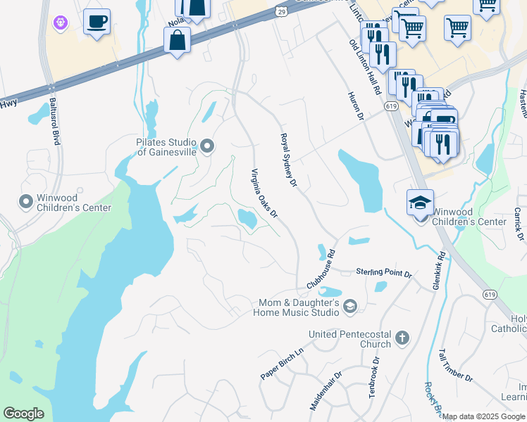 map of restaurants, bars, coffee shops, grocery stores, and more near 7822 Virginia Oaks Dr in Gainesville