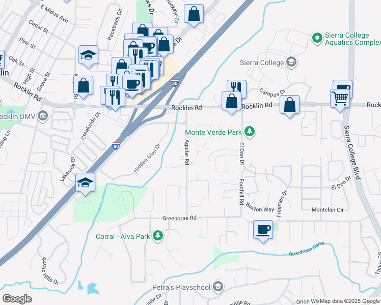 map of restaurants, bars, coffee shops, grocery stores, and more near 5465 Aguilar Road in Rocklin