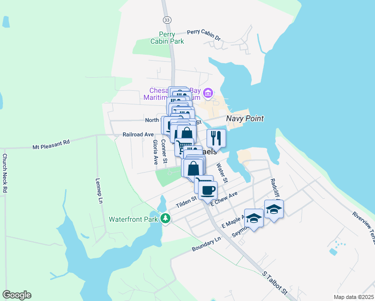 map of restaurants, bars, coffee shops, grocery stores, and more near 205 South Talbot Street in Saint Michaels