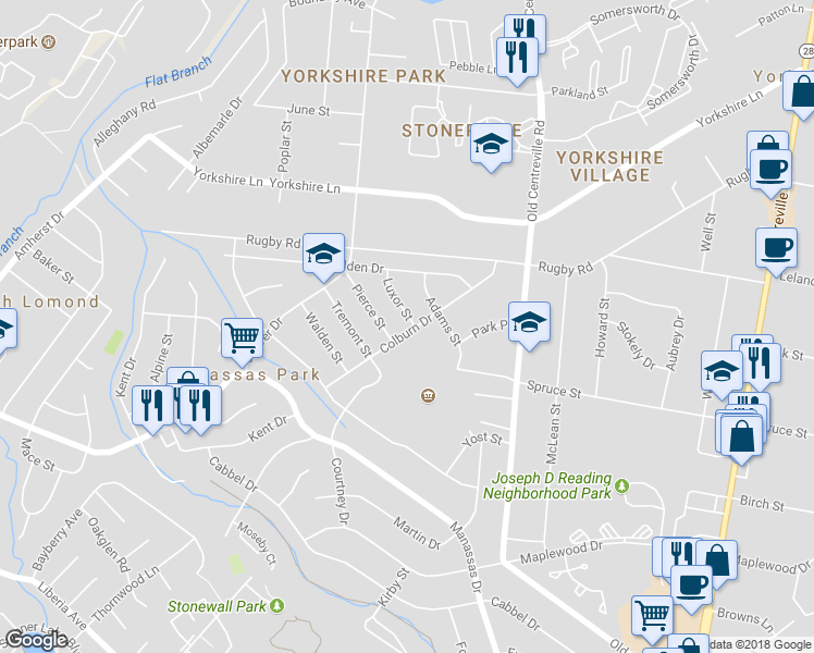 map of restaurants, bars, coffee shops, grocery stores, and more near 136 Colburn Drive in Manassas Park