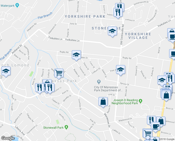 map of restaurants, bars, coffee shops, grocery stores, and more near 107 Pierce Street in Manassas Park