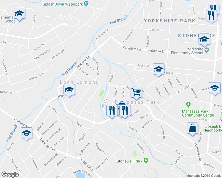 map of restaurants, bars, coffee shops, grocery stores, and more near 130 Kent Drive in Manassas Park
