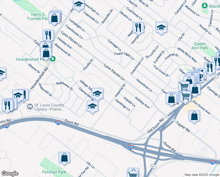 map of restaurants, bars, coffee shops, grocery stores, and more near 710 Riderwood Dr in Hazelwood