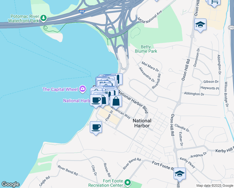 map of restaurants, bars, coffee shops, grocery stores, and more near 137 National Harbor Boulevard in Oxon Hill