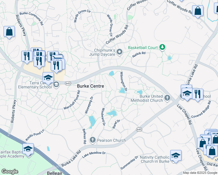map of restaurants, bars, coffee shops, grocery stores, and more near 6122 Mantle Road in Burke