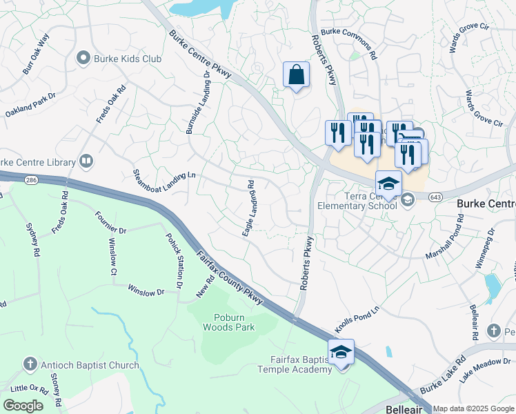map of restaurants, bars, coffee shops, grocery stores, and more near 6111 Eagle Landing Road in Burke