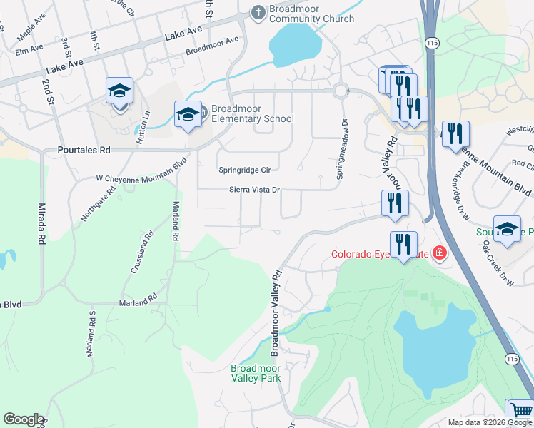 map of restaurants, bars, coffee shops, grocery stores, and more near 15 El Encanto Drive in Colorado Springs