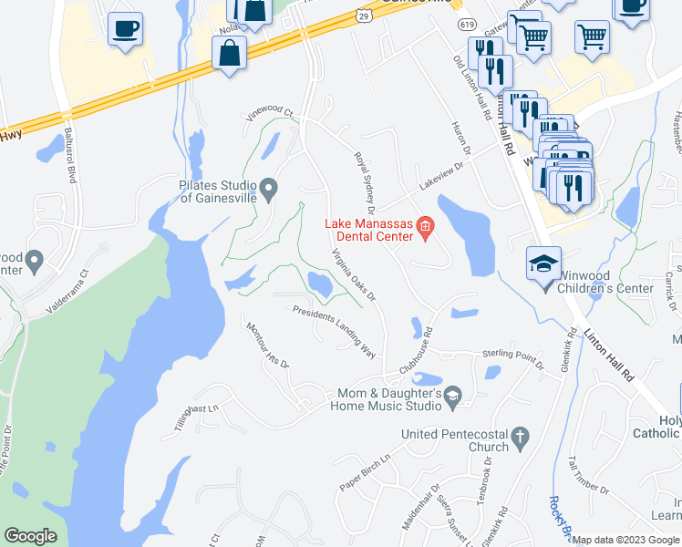 map of restaurants, bars, coffee shops, grocery stores, and more near 7822 Virginia Oaks Dr in Gainesville